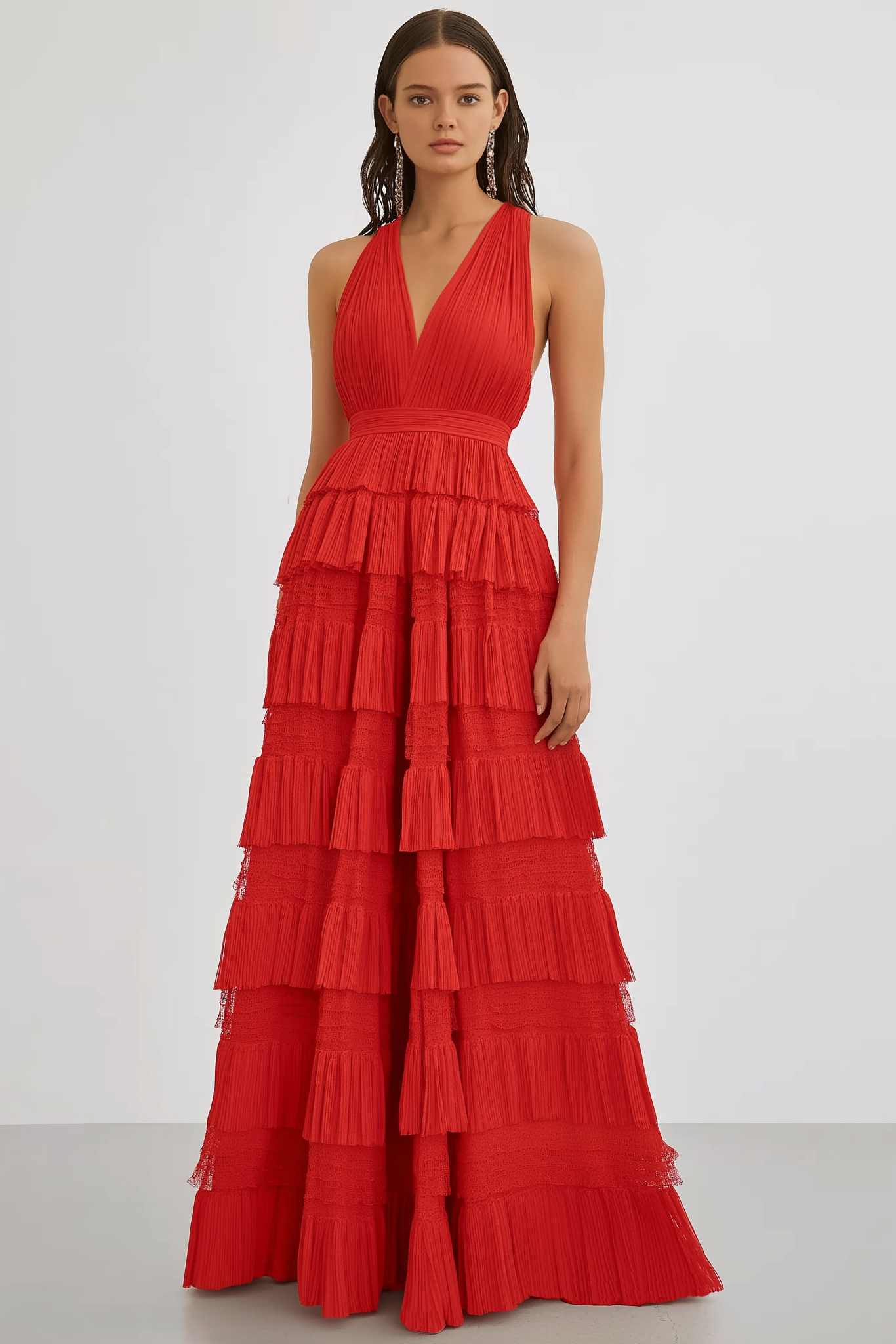 Prom Party Tiered Dress Red Halter V Neck Floor Dress