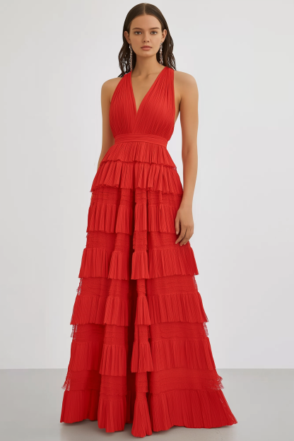 Prom Party Tiered Dress Red Halter V Neck Floor Dress