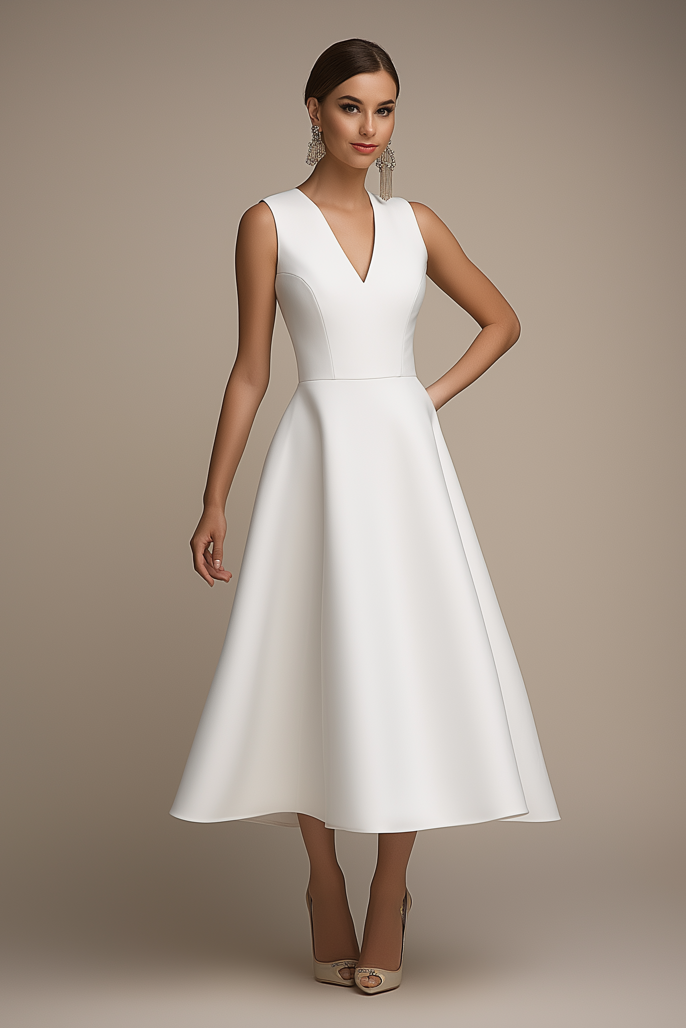 Work Party Dress White V Neck Sleeveless A-Line Midi Dress