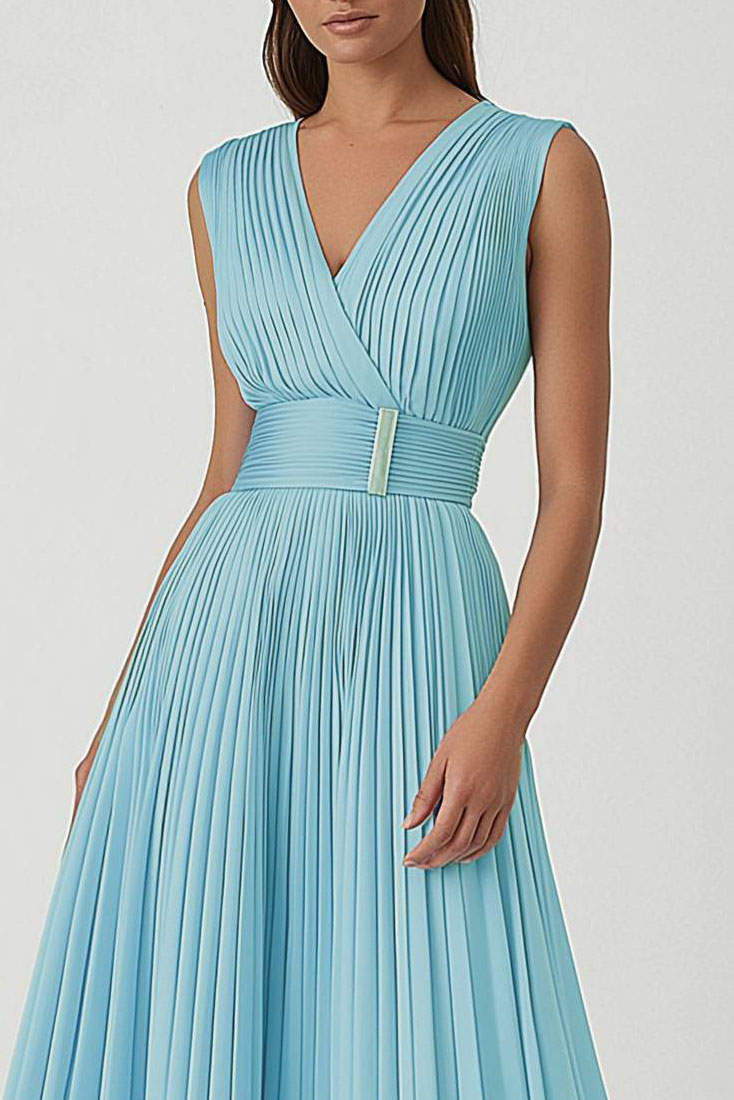 Party Semi Formal Dress Light Blue Sleeveless A-Line Pleated Midi Dress