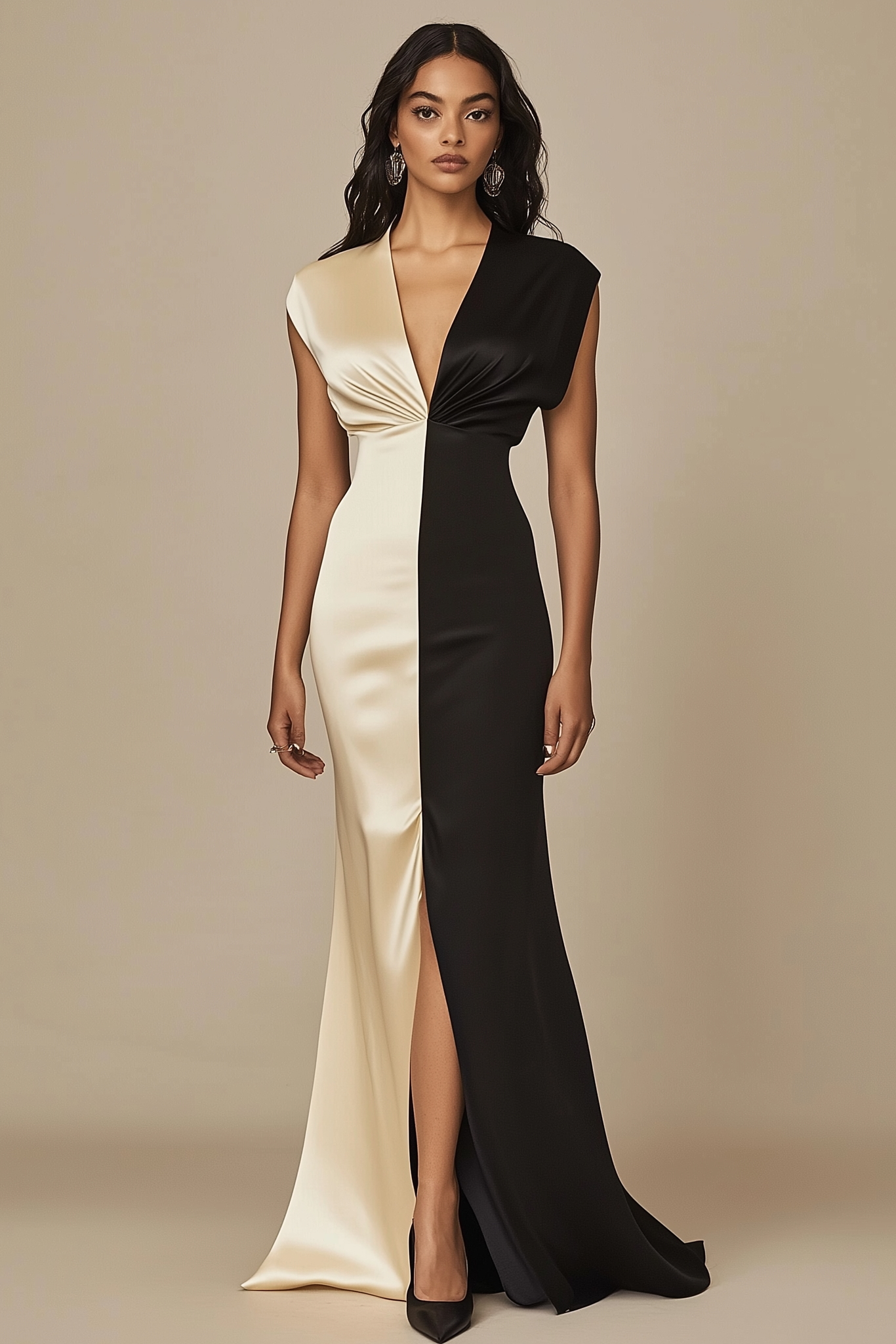 Formal Evening Satin Dress Black Champagne Deep V Sleeveless Slit Floor Dress