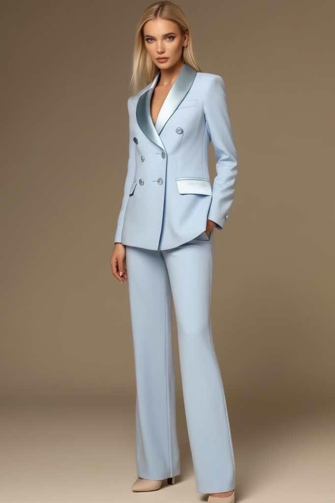 Work Formal Pants Suit Light Blue Long Sleeve Pocket Blazer Set-chiclody