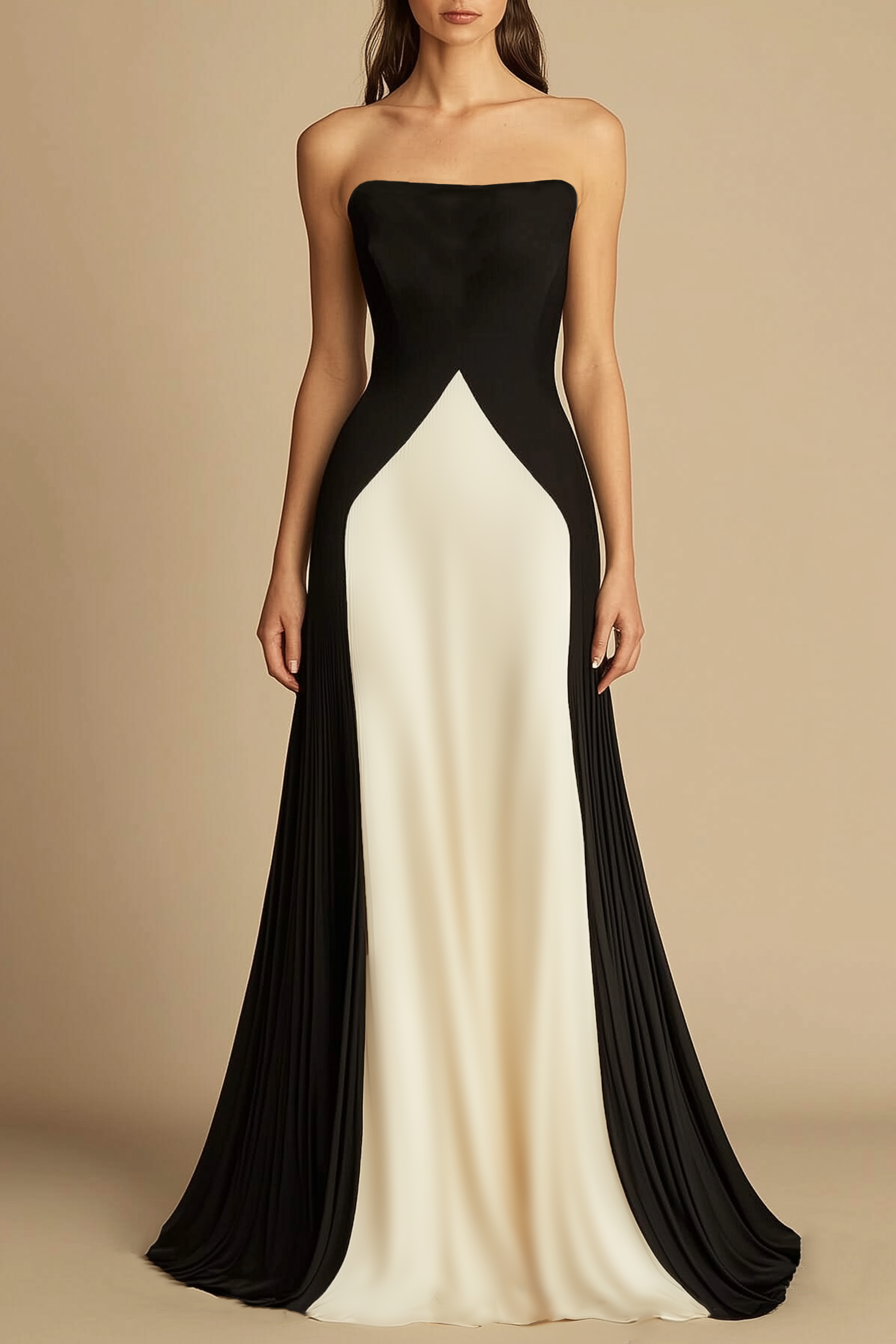 Formal Evening Dress Black Beige Strapless Floor Length Dress