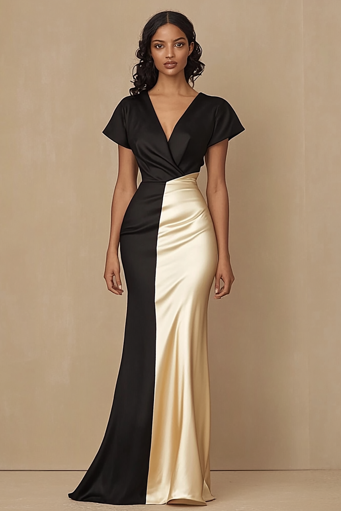 Formal Evening Dress Black Champagne Cross Neck Satin Floor Length Dress