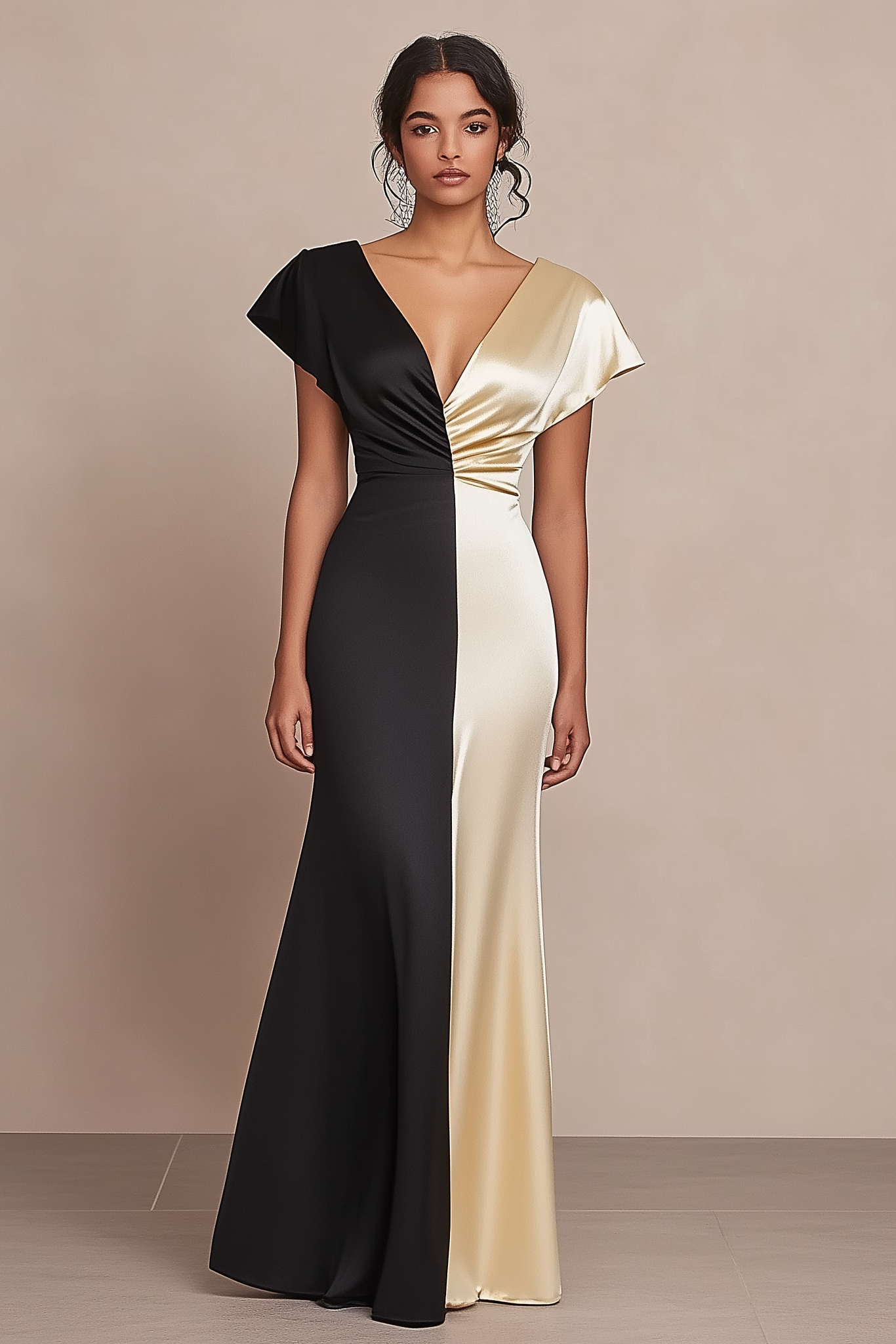 Formal Evening Dress Black Champagne V Neck Satin Floor Dress