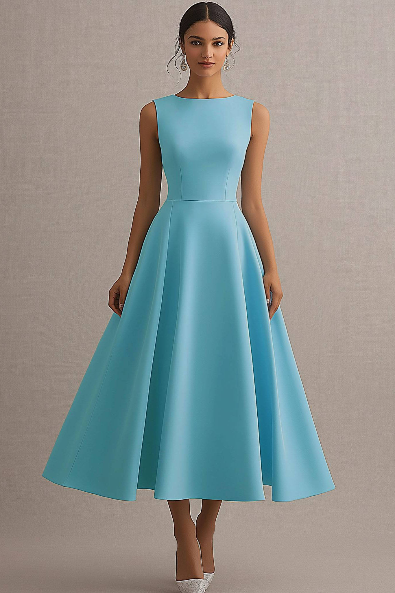 Party Dress Light Blue Round Neck Sleeveless A-Line Midi Dress
