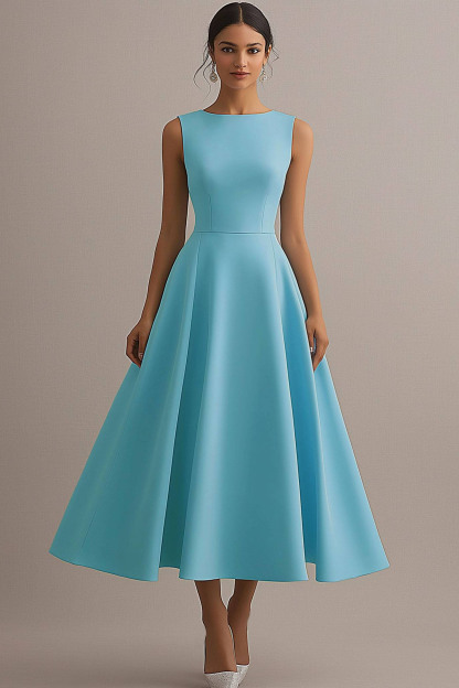 Party Dress Light Blue Round Neck Sleeveless A-Line Midi Dress
