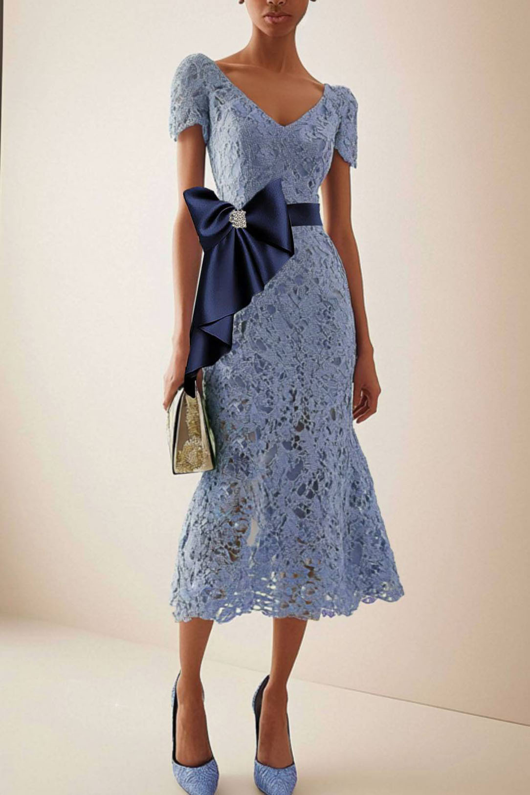 Formal Work Party Boat Neck Royal Blue Sleeveless Belted Slit Midi Dre