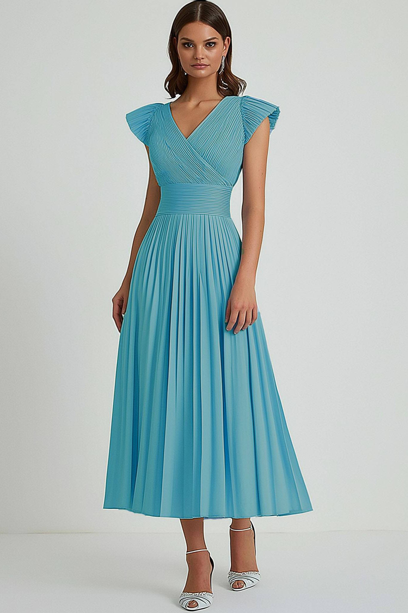 Party Dress Light Blue Round Neck Pleated A-Line Midi Dress