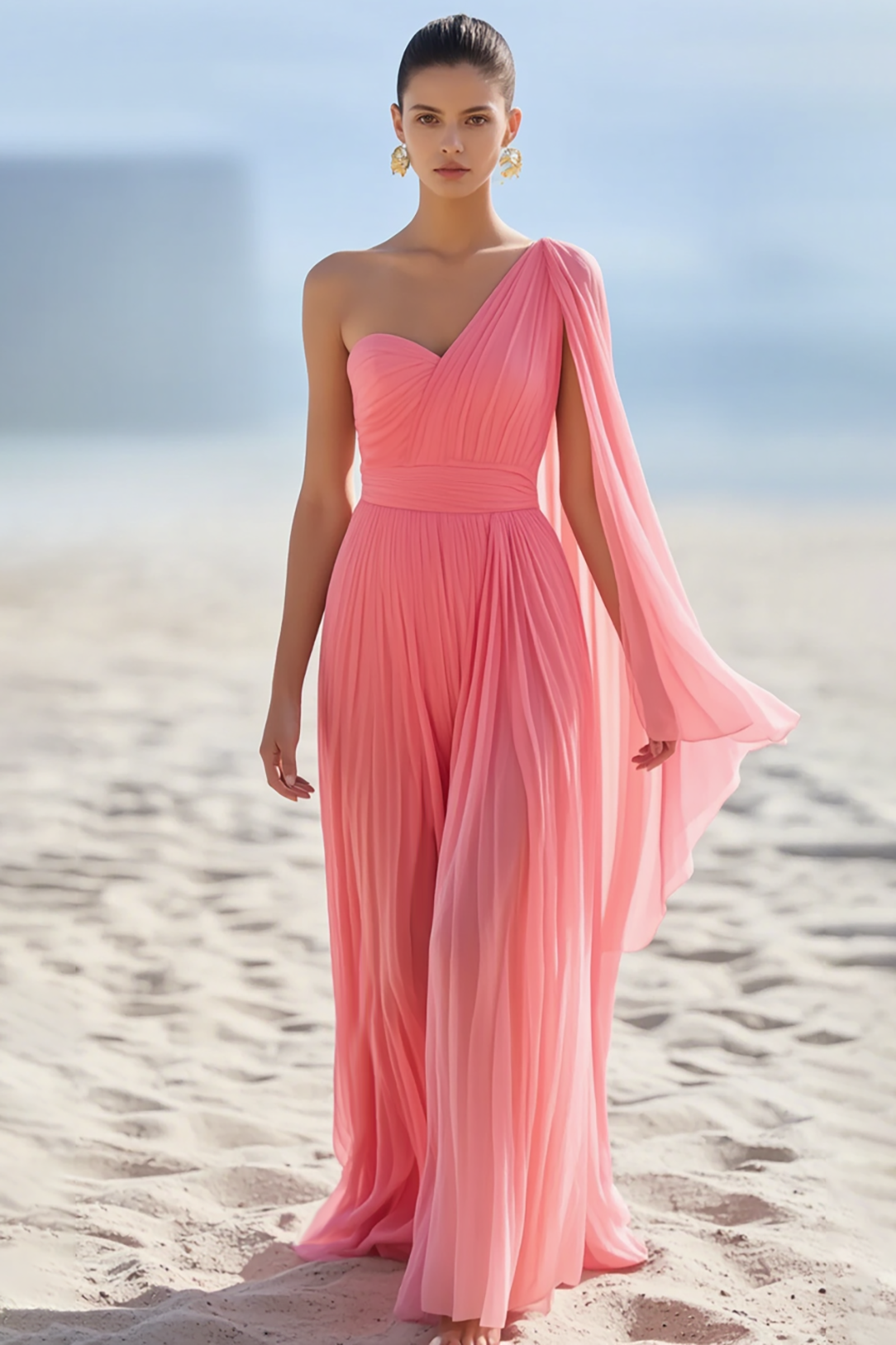 Formal Evening Dress Light Pink One Shoulder Chiffon Pleated Floor Dress