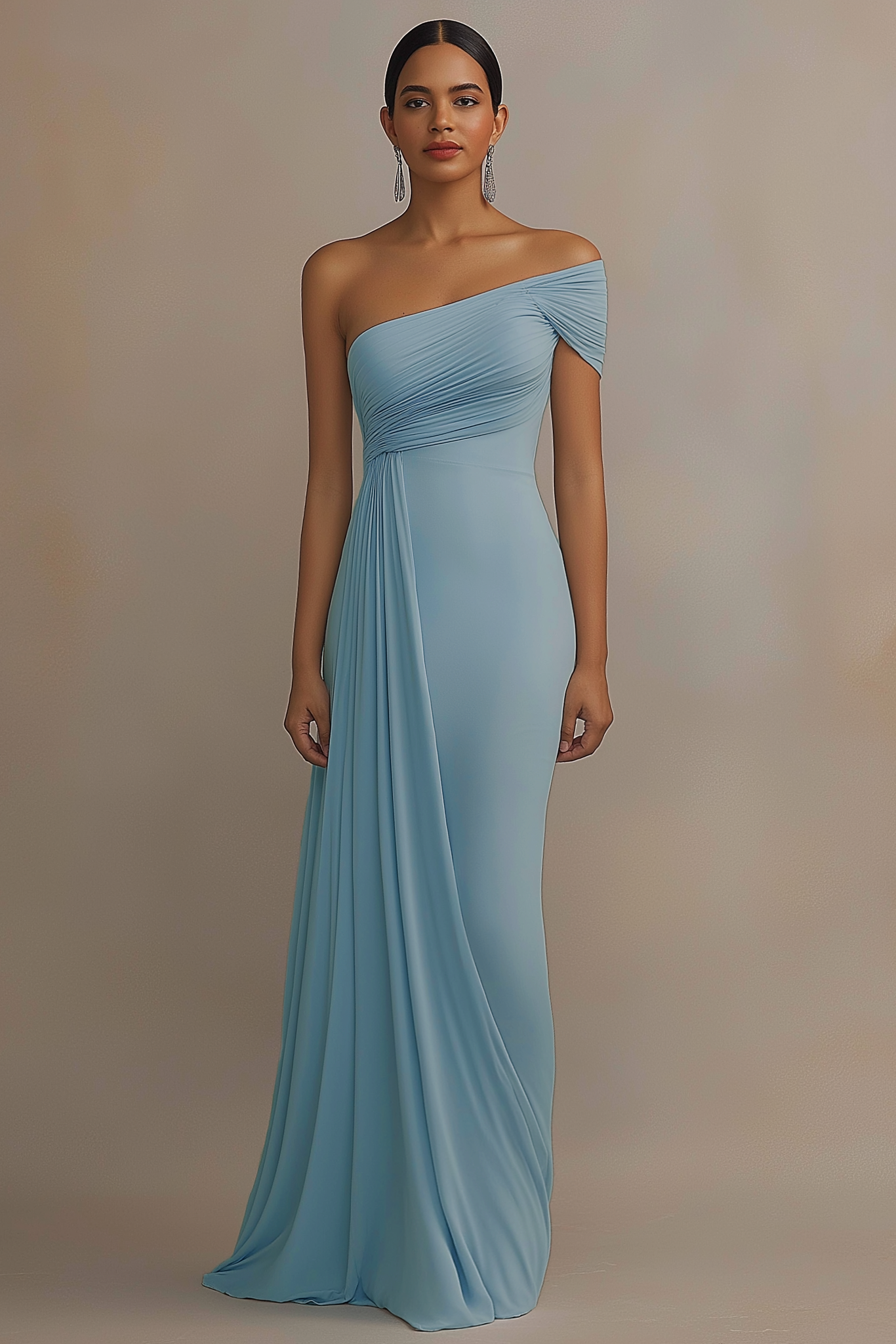 Formal Evening Dress Light Blue One Shoulder Ruched Floor Dress