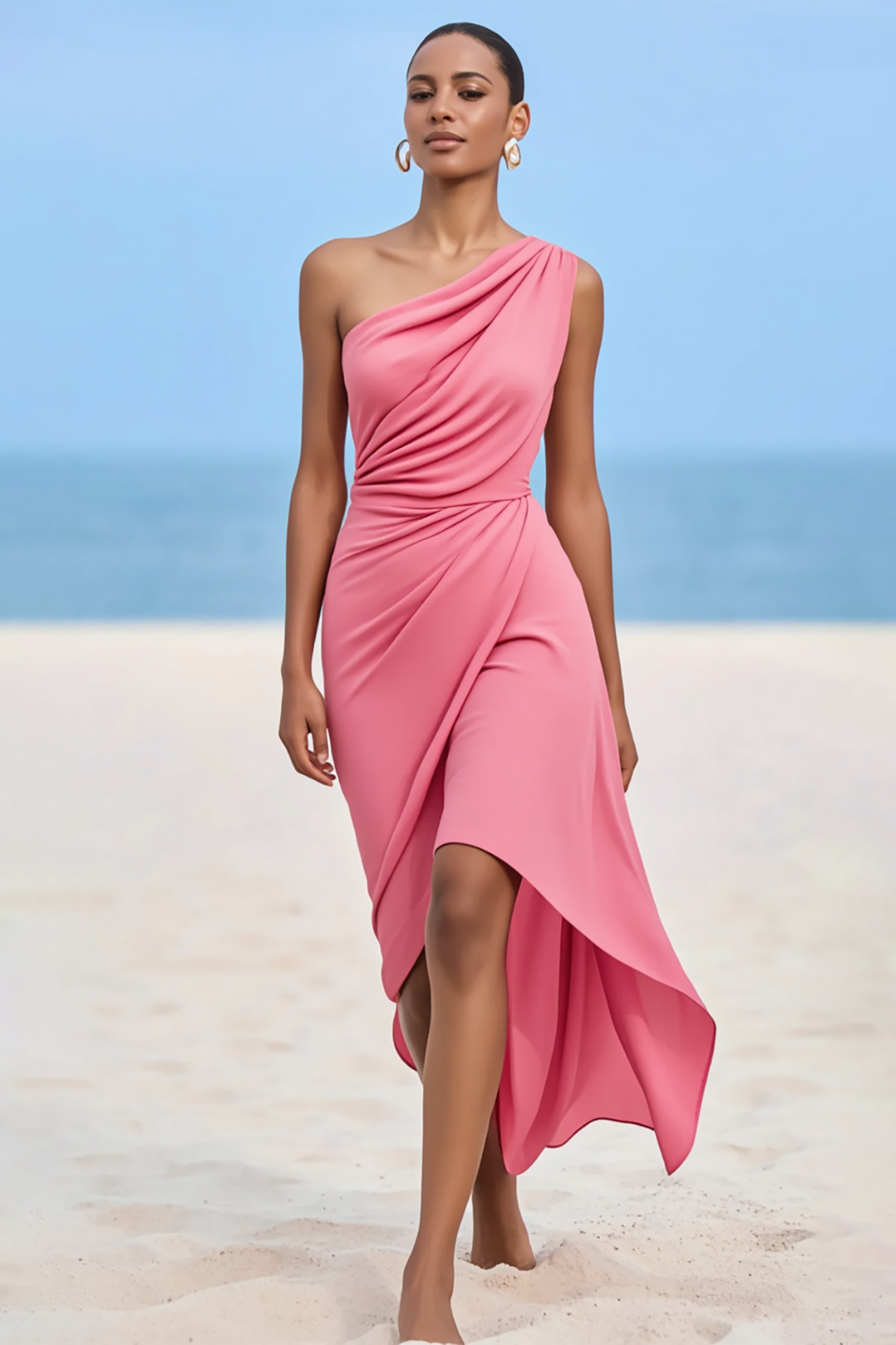 Wedding Guest Party Dress Pink One Shoulder Asymmetrical Midi Dress