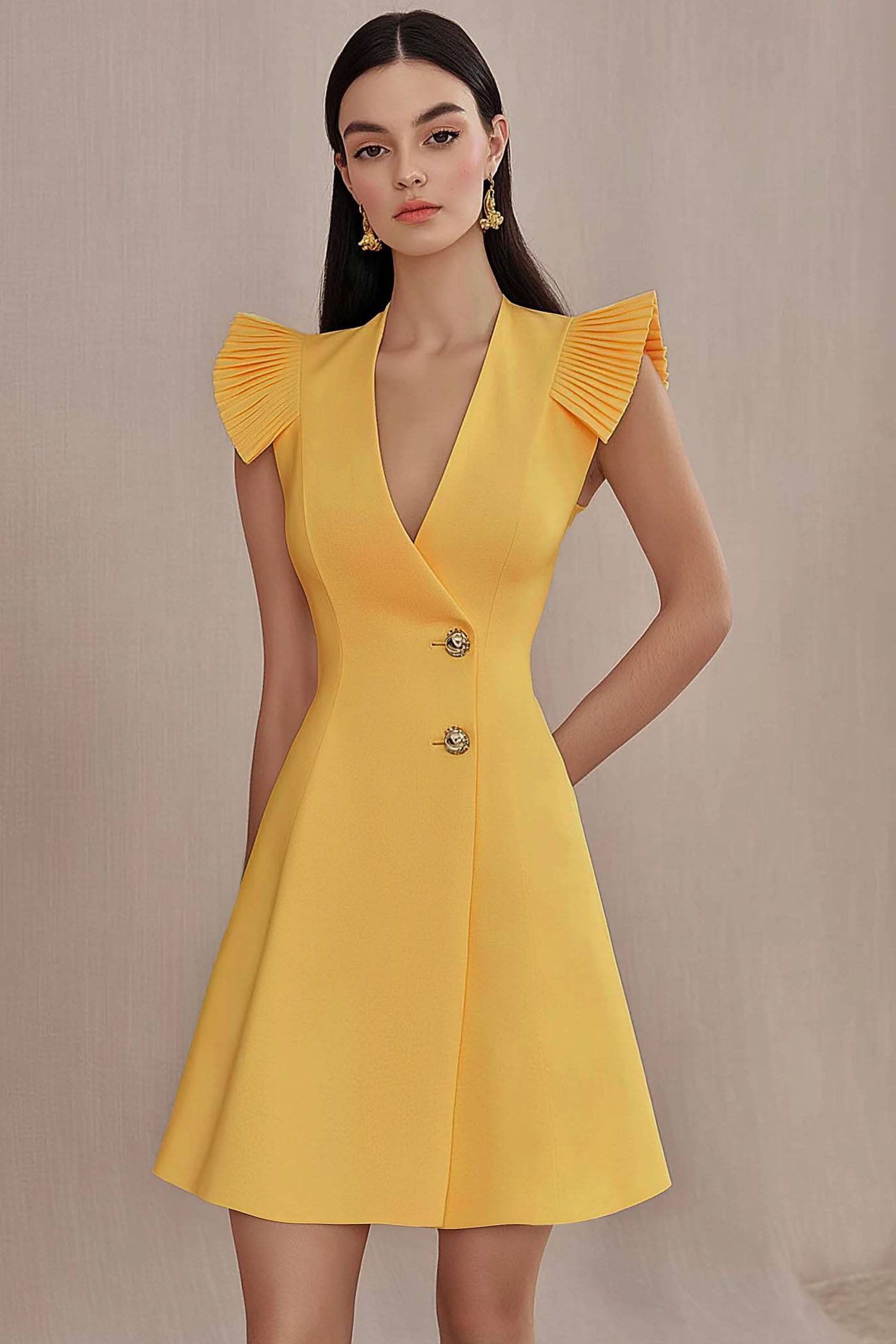Work Party Dress Yellow Deep V Ruched Sleeve A-Line Mini Dress