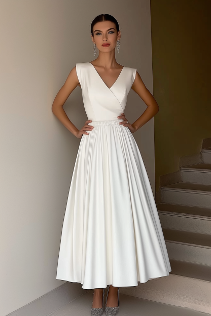 Semi-Formal Party Dress White Cross Neck Sleeveless A-Line Maxi Dress