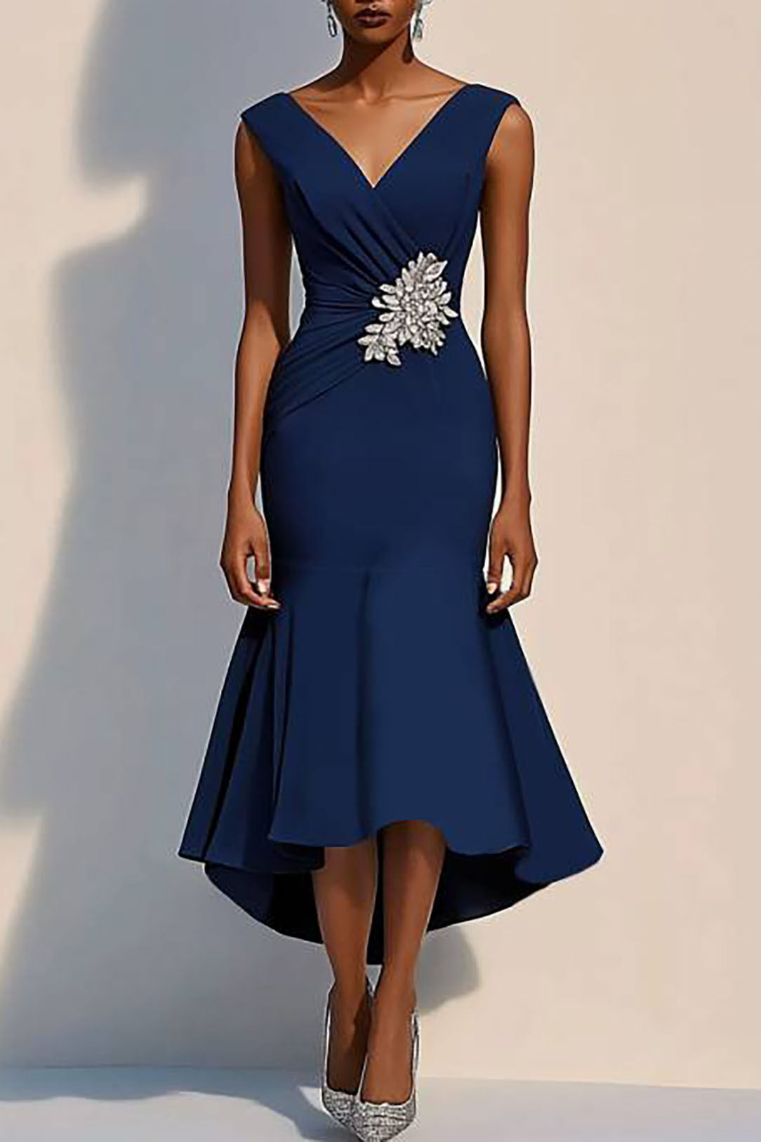 Semi-Formal Party Dress Blue Sleeveless Rhinestone Mermaid Midi Dress