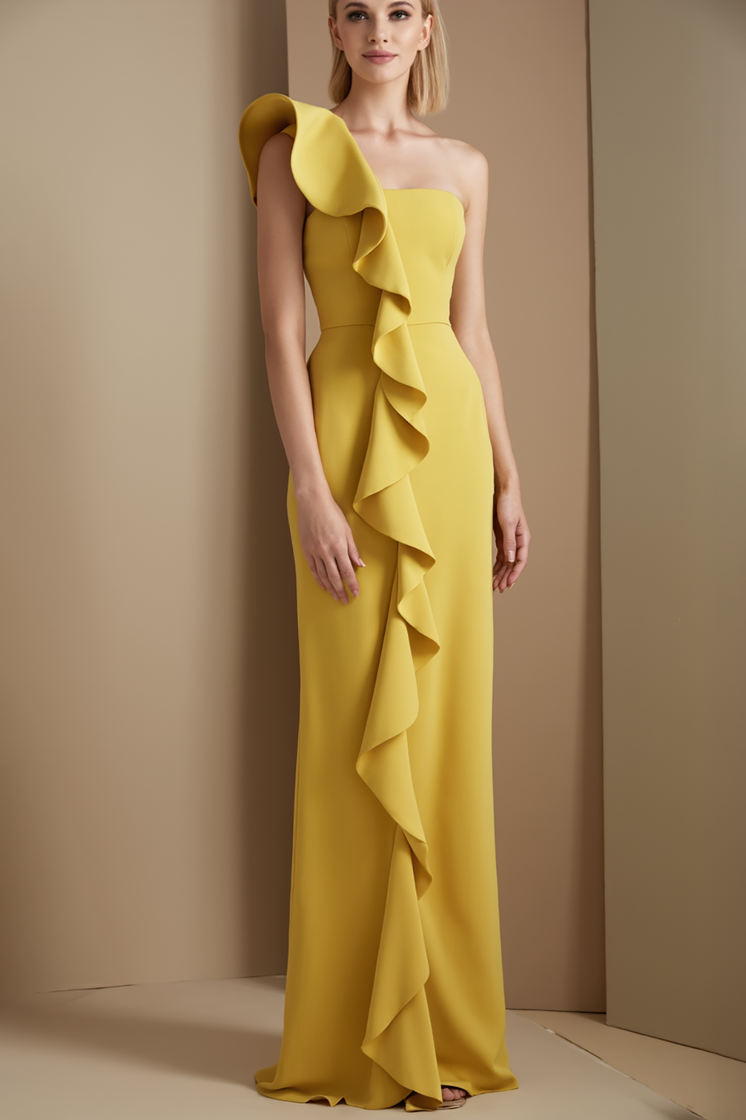 Formal Evening Gown Yellow One Shoulder Ruffle Floor-Length Dress