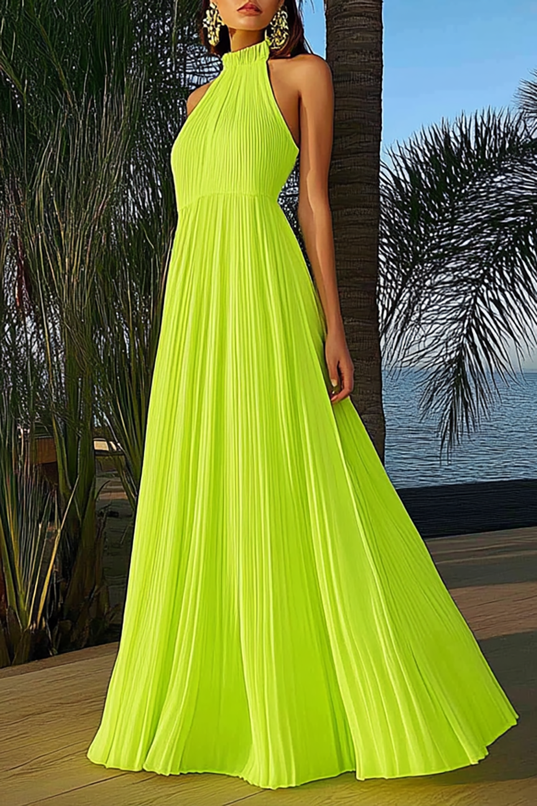 Vacation Halter Dress Neon Green Pleated Floor-Length Dress