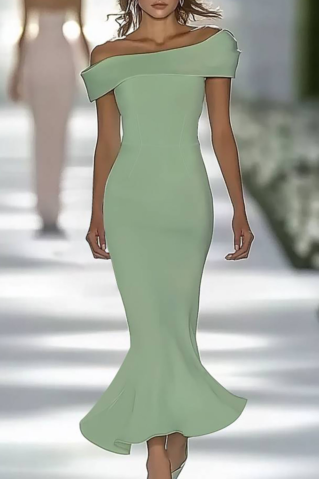 Semi-Formal Party One-Shoulder Light Green Mermaid Maxi Dress