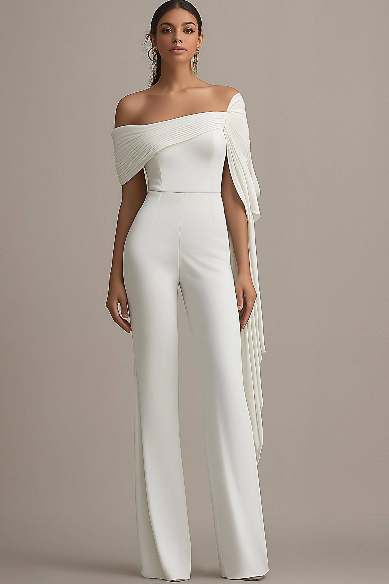 Formal Off-Shoulder White Draped Wide-Leg Jumpsuit