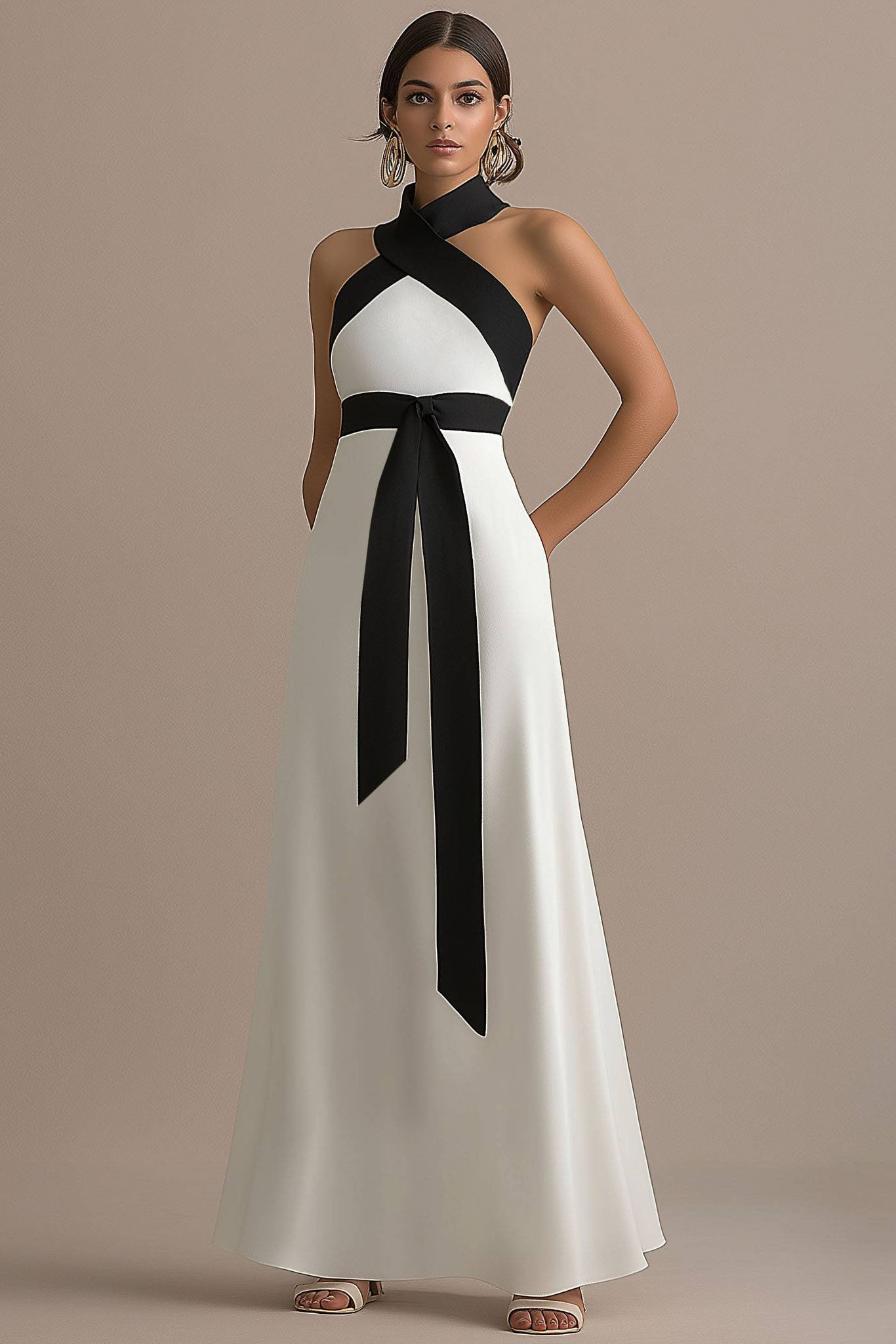 Formal Black and White Halter Cross-Neck Maxi Dress