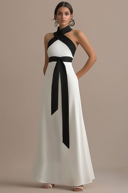 Formal Black and White Halter Cross-Neck Maxi Dress