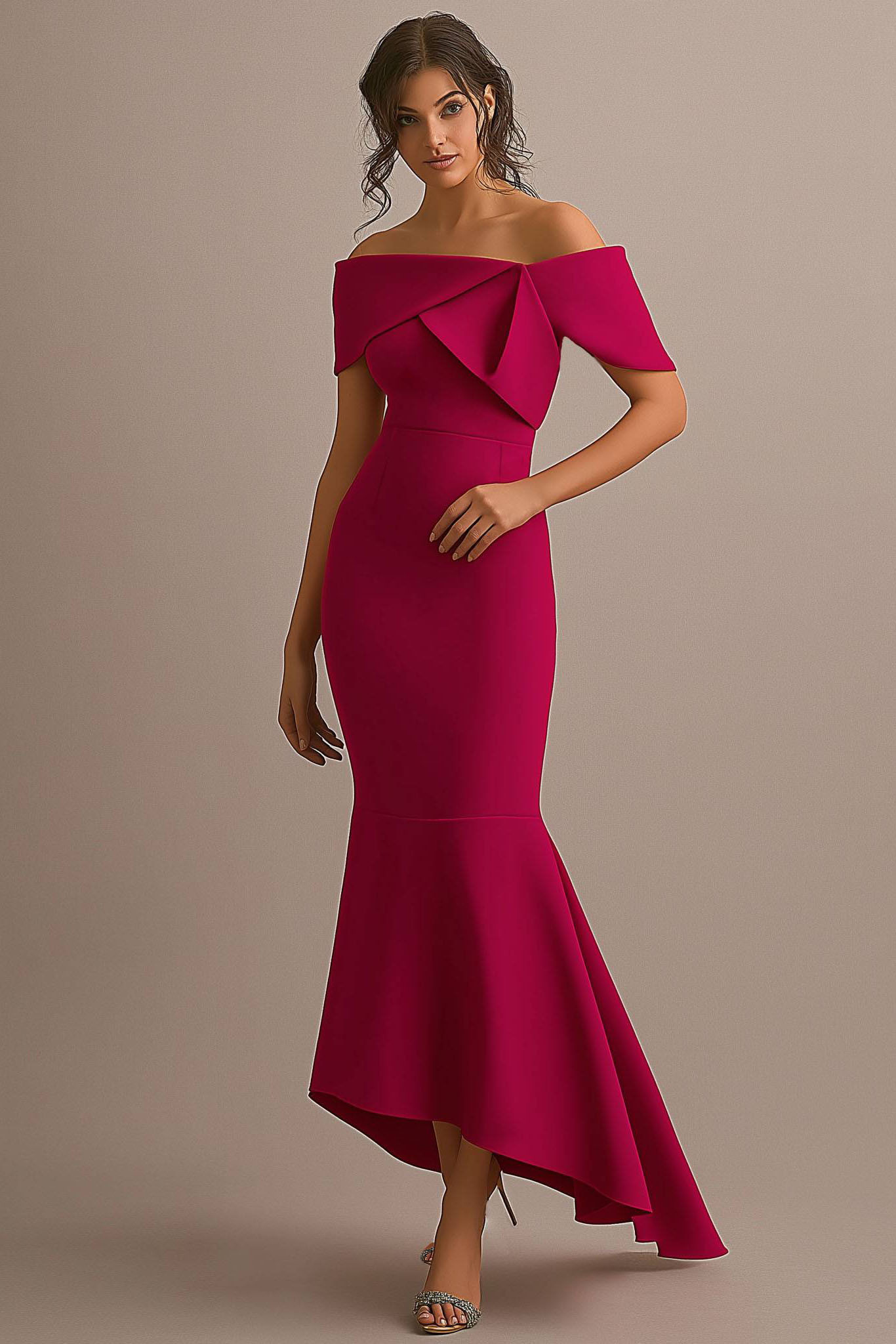 Formal Evening Rose Off Shoulder Mermaid Maxi Dress