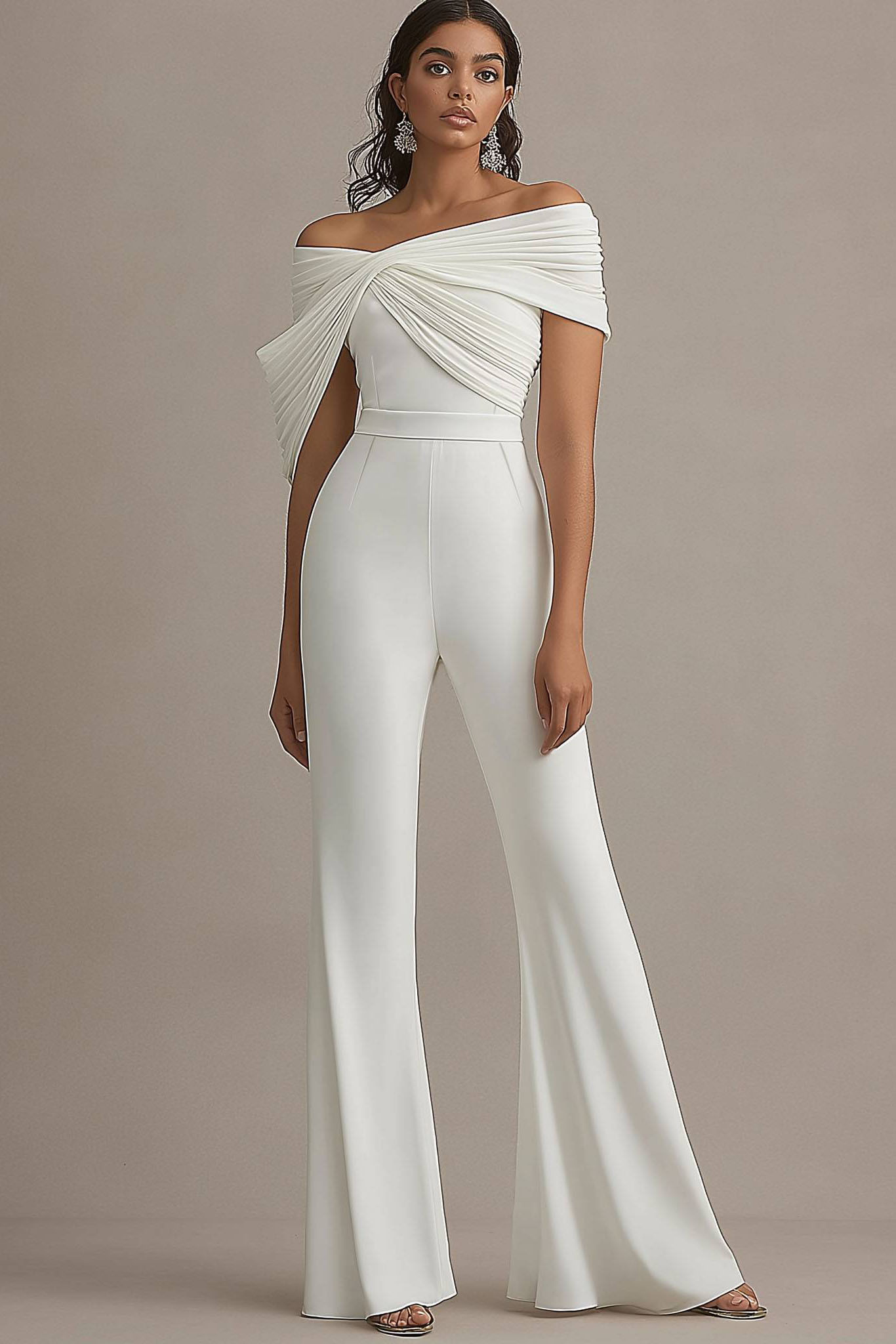Formal Evening White Draped Flared-Leg Jumpsuit