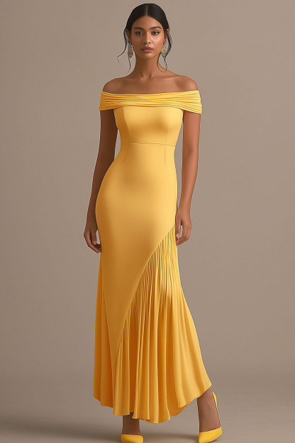Semi-Formal Party Mustard Yellow Off Shoulder Maxi Dress