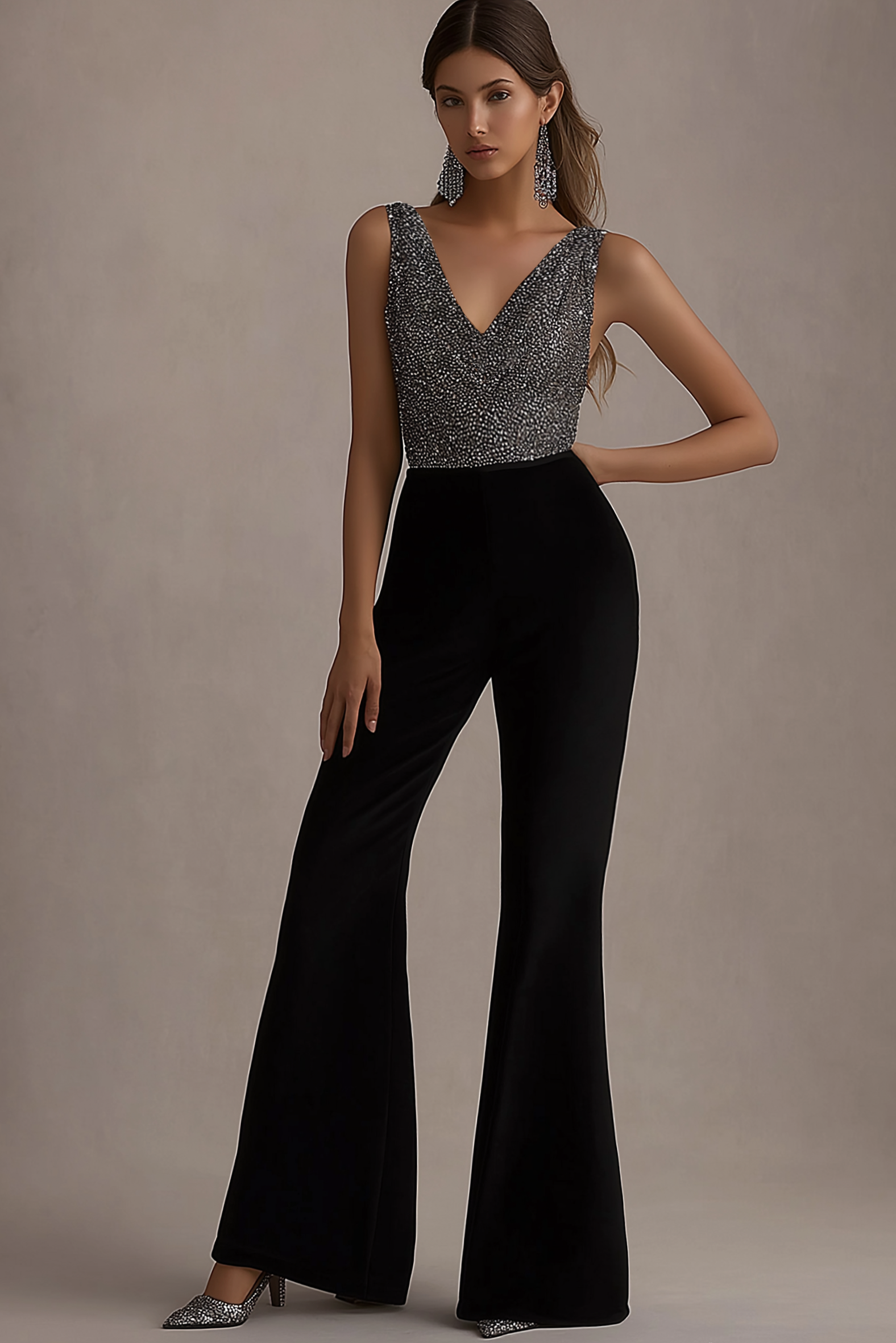 Cocktail Party Jumpsuit Silver Black V Neck Wide Leg Pants