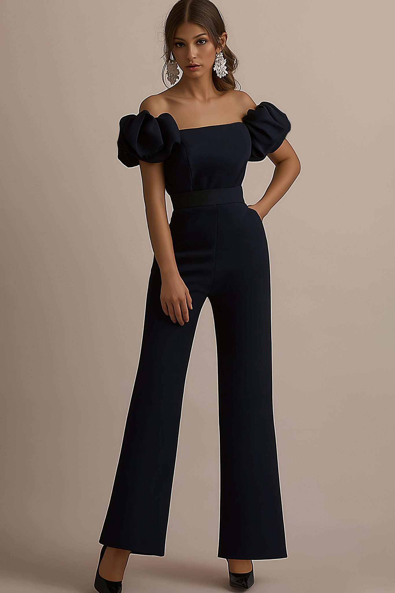 Evening Jumpsuit Black Puff Sleeve Pocket Straight Leg Pants