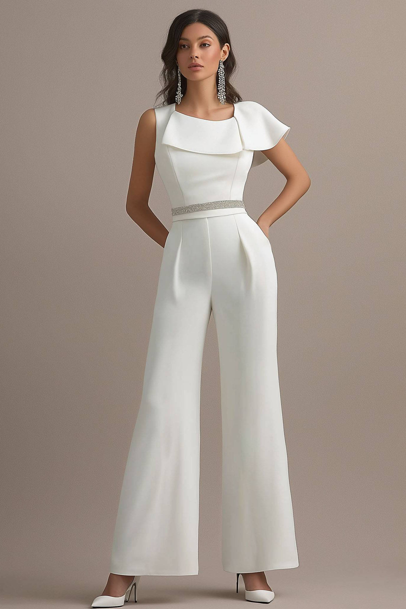 Evening Party Jumpsuit White One Shoulder Wide Leg Pants