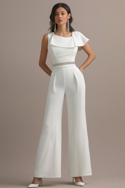Evening Party Jumpsuit White One Shoulder Wide Leg Pants