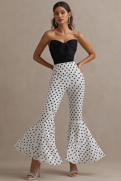 Cocktail Party Jumpsuit Black White Polka Dot Strapless Flared Pants