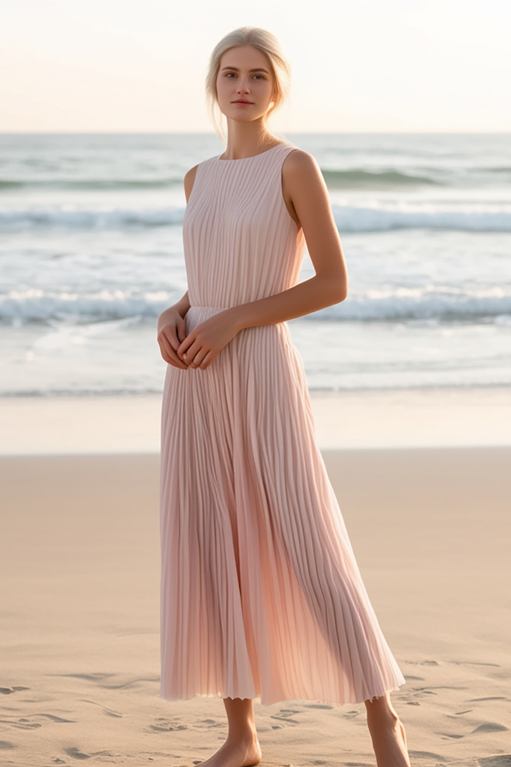Daily Vacation Dress Light Pink Sleeveless Chiffon Pleated Midi Dress