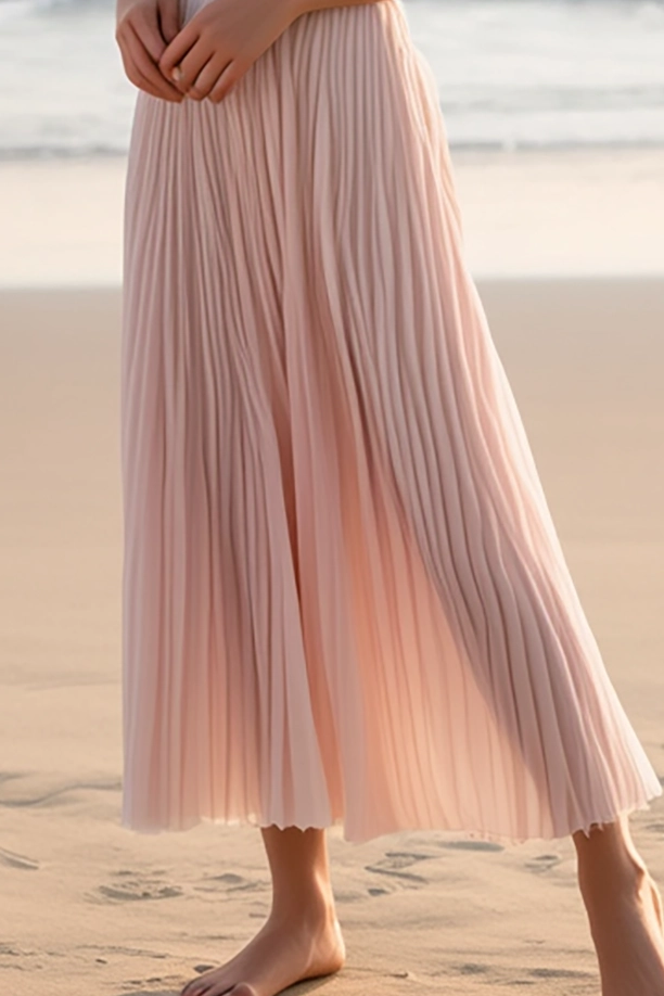 Daily Vacation Dress Light Pink Sleeveless Chiffon Pleated Midi Dress