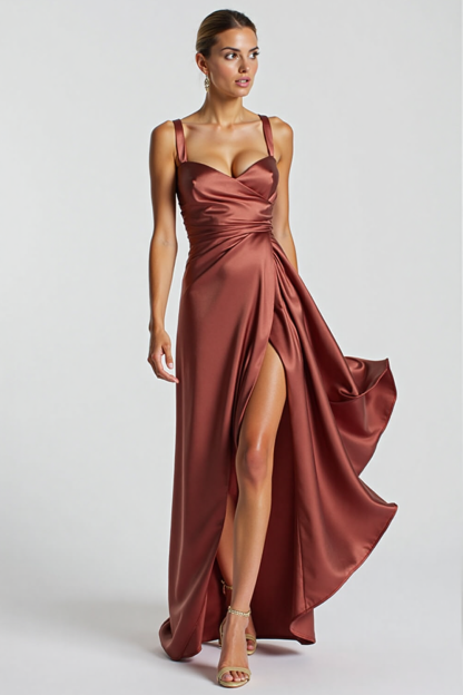 Formal Evening Dress Brown Satin High Split Floor-Length Gown