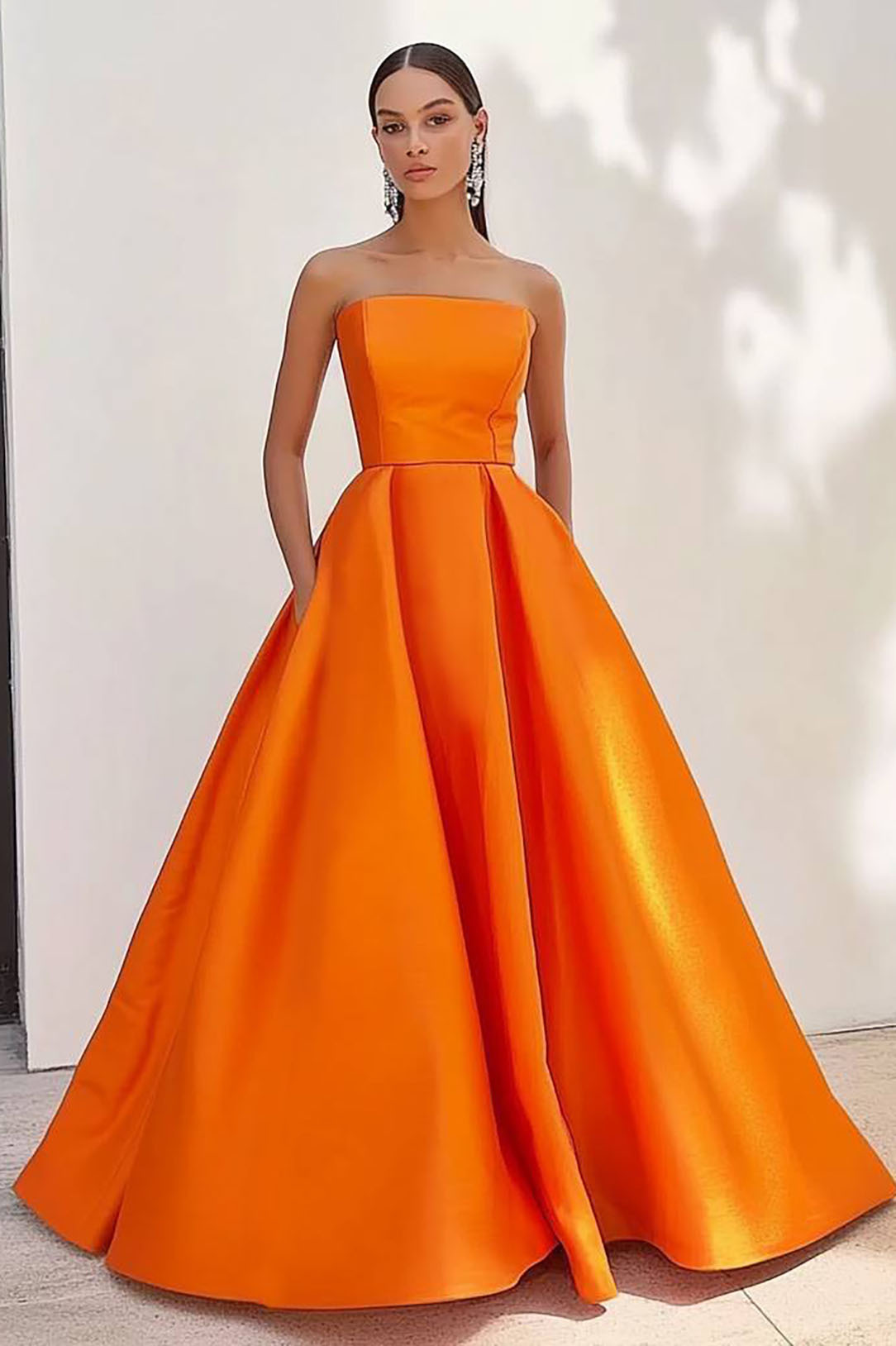Formal Evening Dress Orange Strapless A-Line Floor-Length Gown
