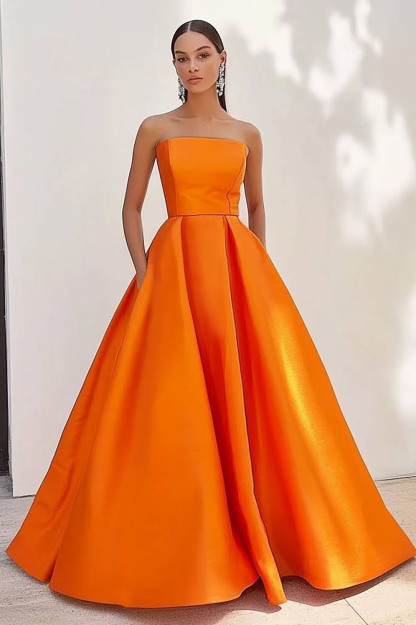 Formal Evening Dress Orange Strapless A-Line Floor-Length Gown