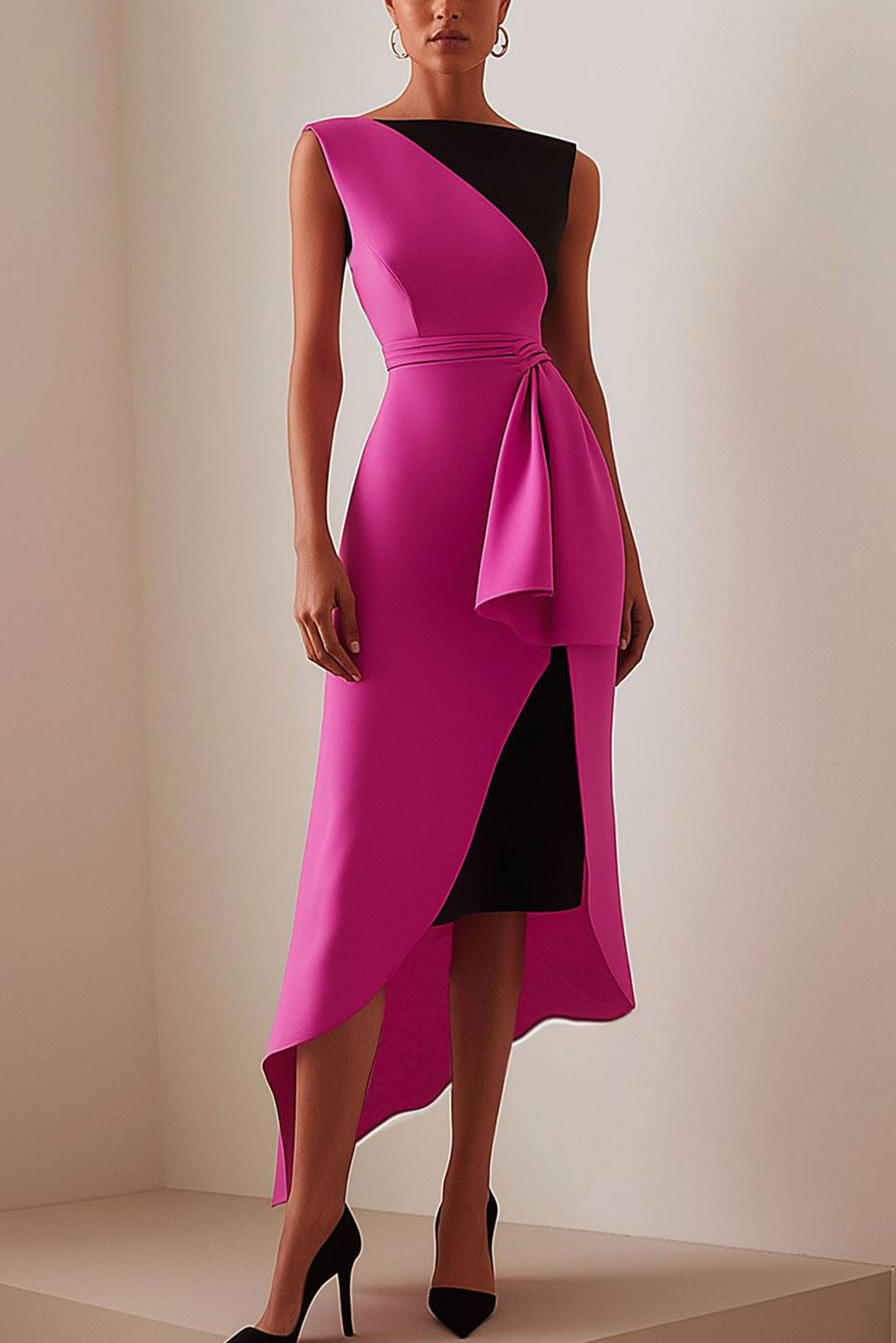 Rose black color block cocktail party dress midi