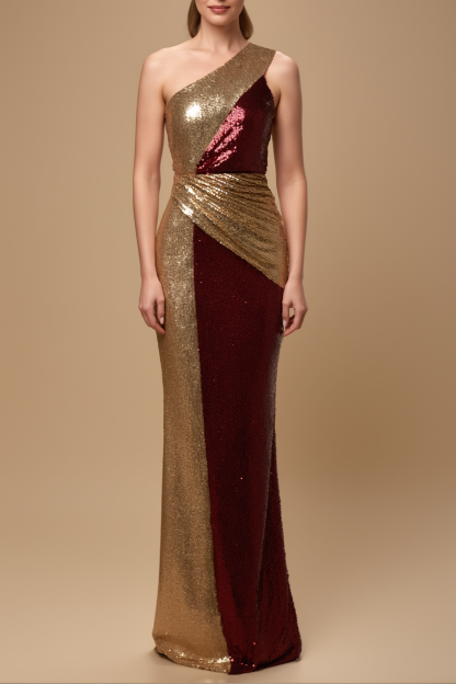 Evening Formal Dress Gold Red Sequin One Shoulder Floor-Length Dress