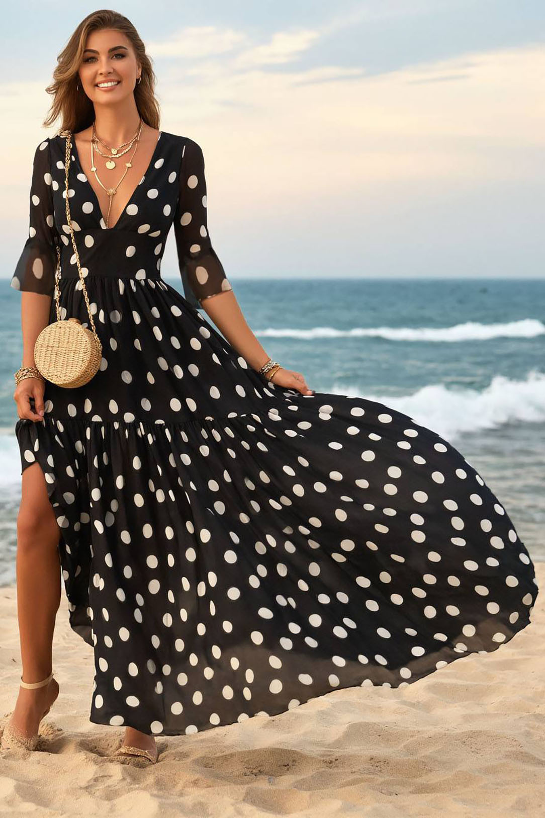 Vacation Casual Dress Black White Polka Dot V Neck Chiffon Maxi Dress