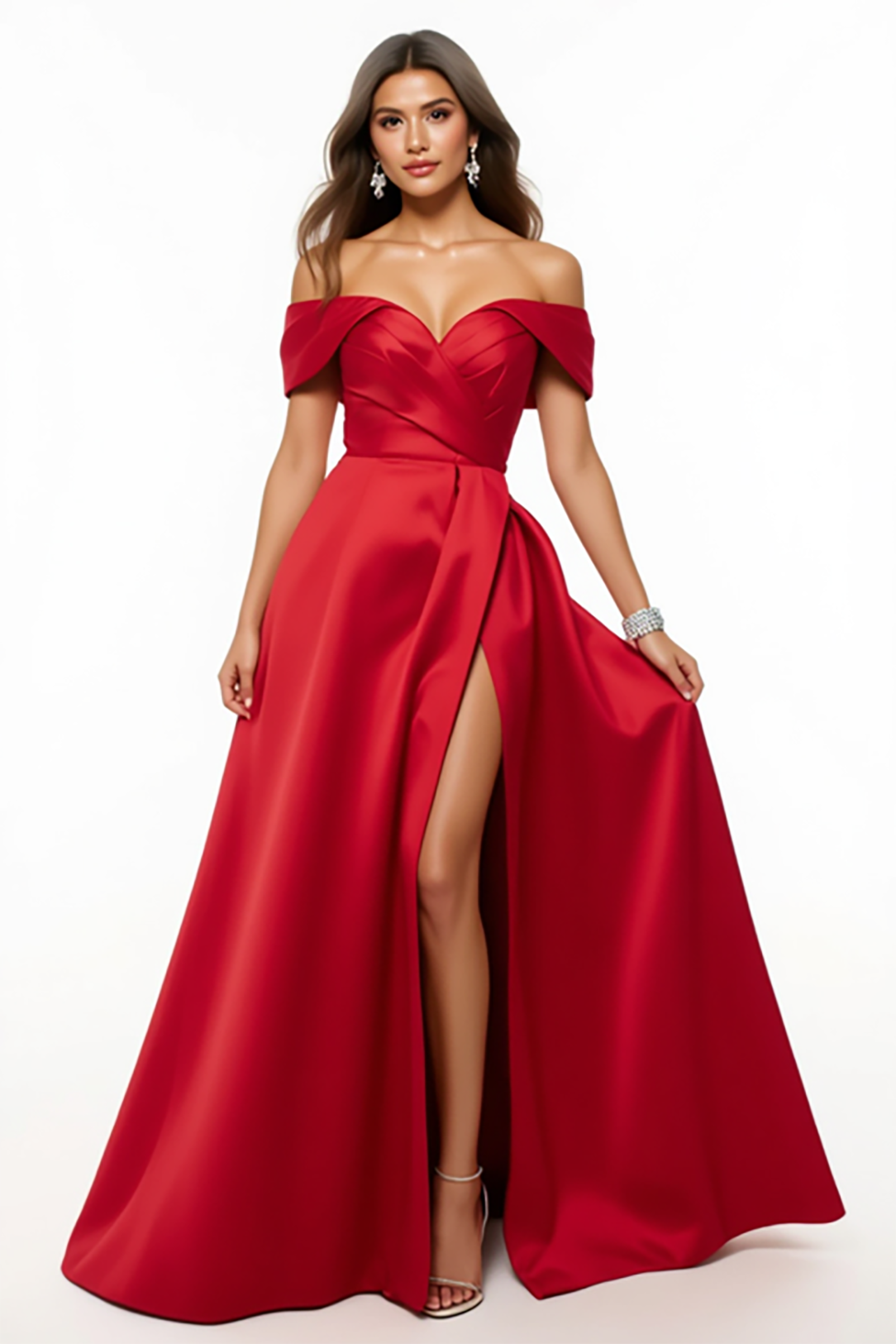 Evening Formal Gown Red Satin Off Shoulder High Split Floor-Length Dress