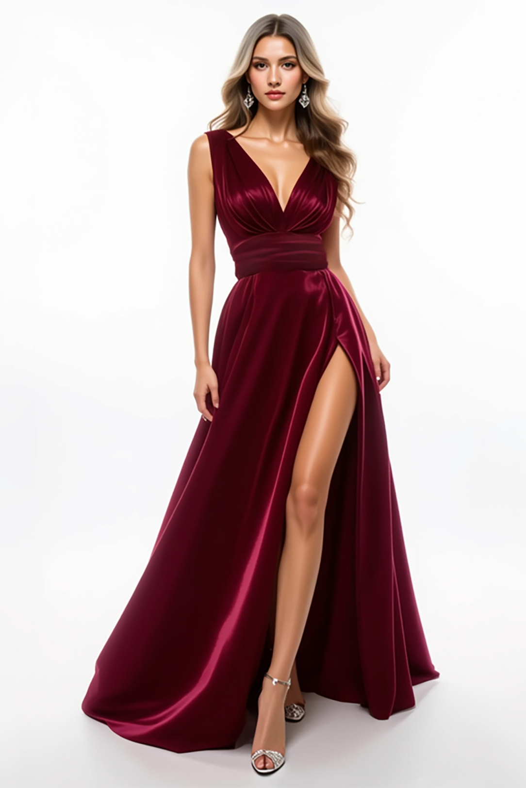 Evening Formal Gown Burgundy Deep V High Slit Floor-Length Dress