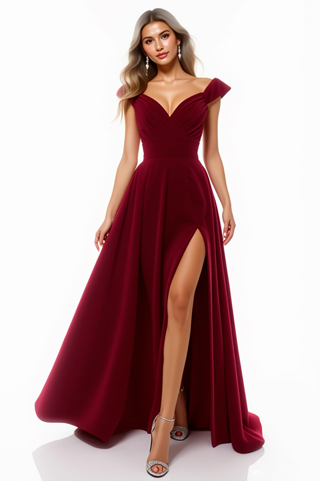 Evening Formal Gown Burgundy V Neck High Slit Floor-Length Dress