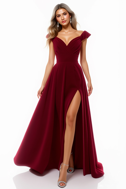 Evening Formal Gown Burgundy V Neck High Slit Floor-Length Dress