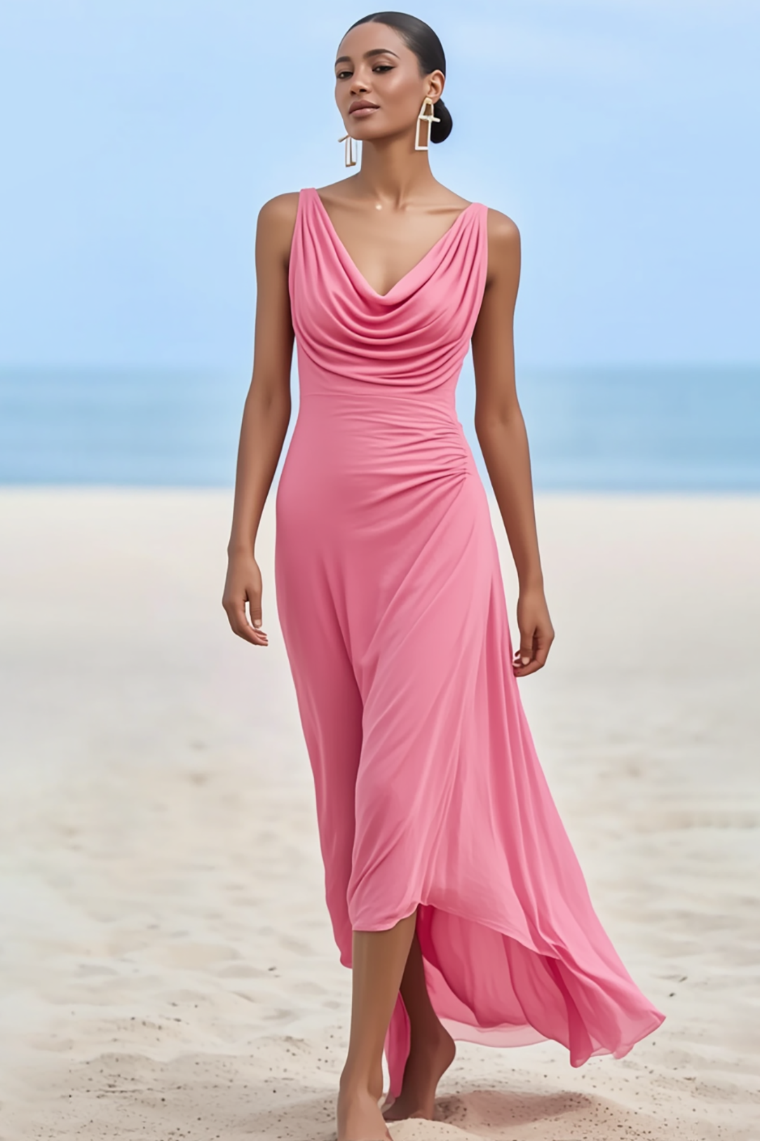 Party Dress Pink Cowl Neck Sleeveless Maxi Dress