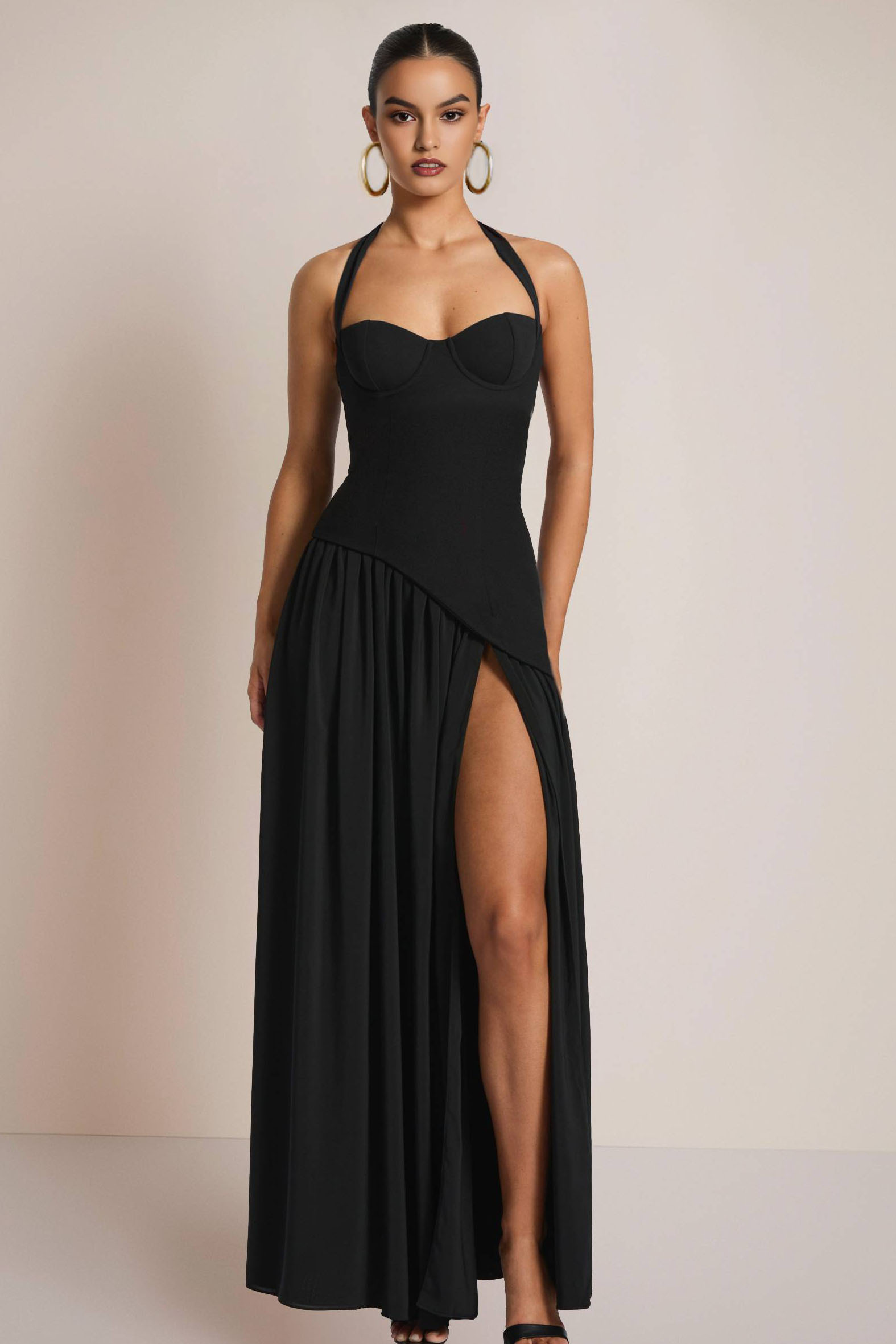 Formal Party Halter Dress Black High Split Maxi Gown