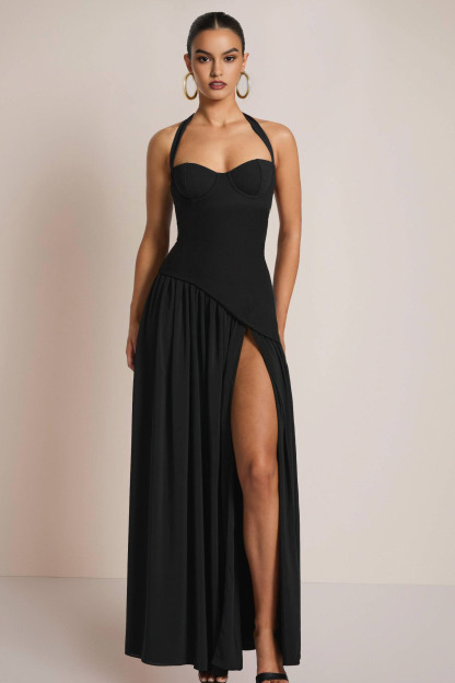 Formal Party Halter Dress Black High Split Maxi Gown
