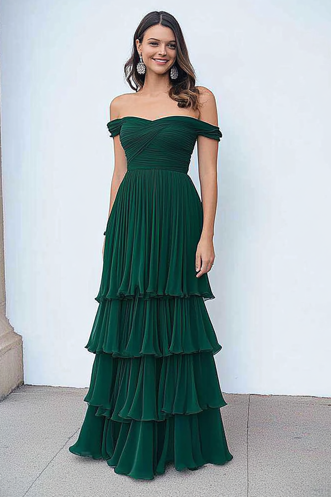 Prom Tiered Dress Green Off Shoulder Ruched Chiffon Floor-Length Gown
