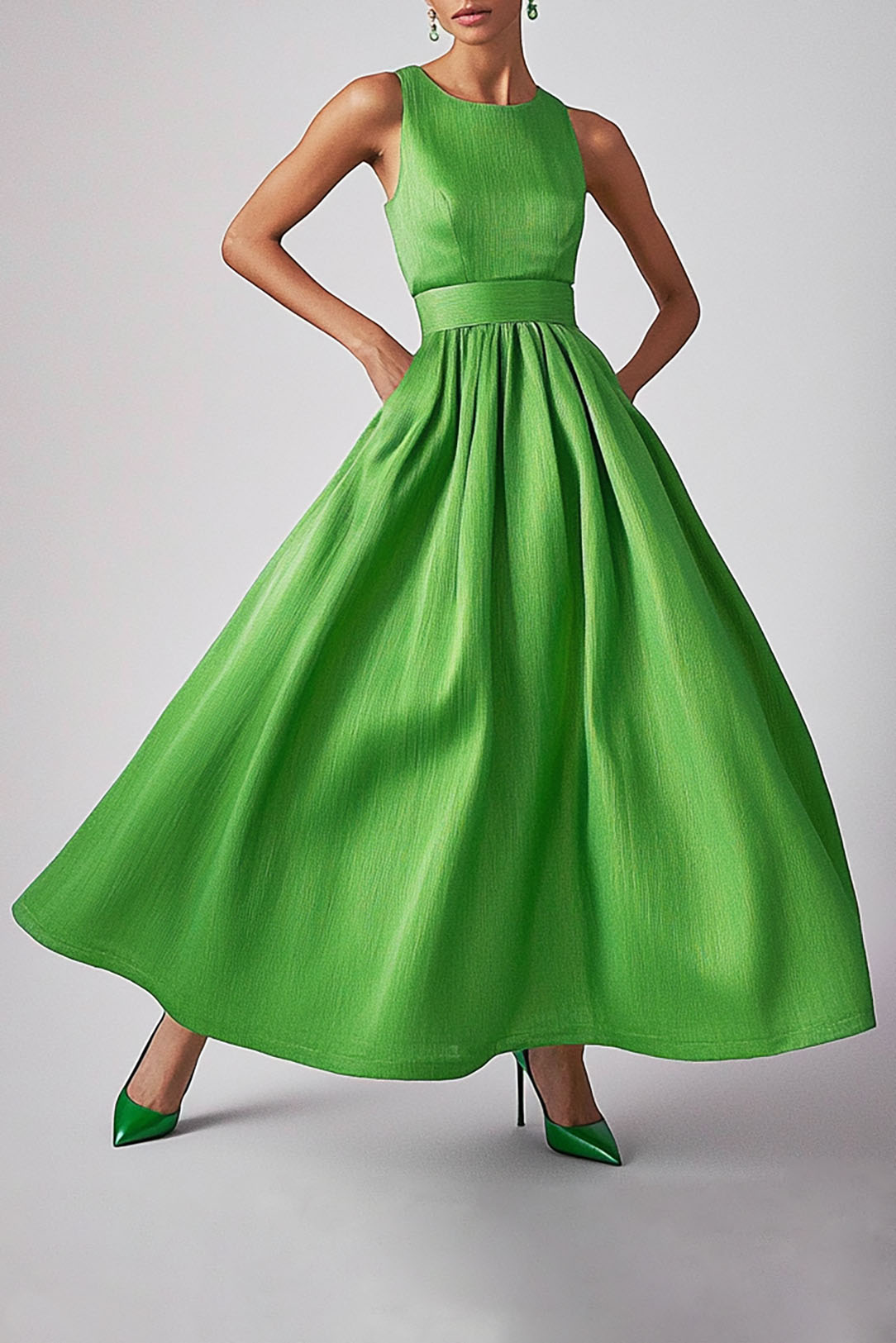 Daily Sleeveless Dress Green Round Neck Long Dress Maxi Dress